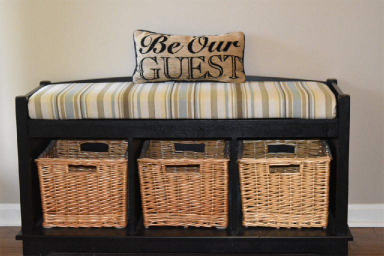 bench with storage baskets used in foyer