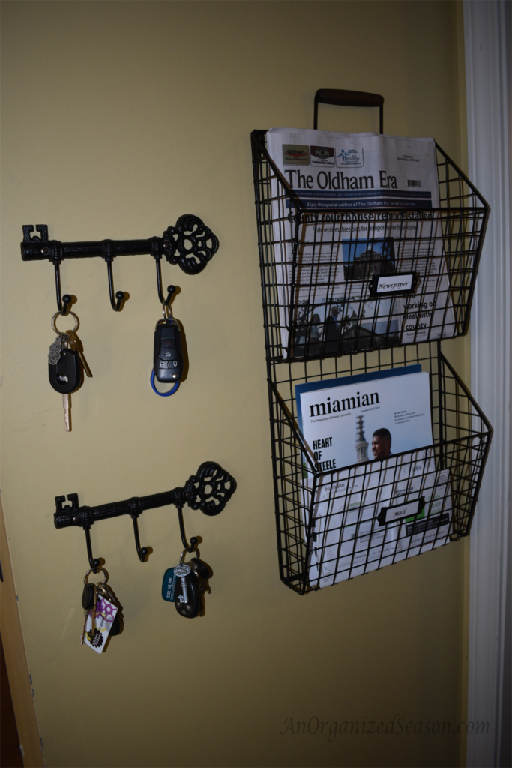 car key holders and mail organizer in  entry area from garage. no more losing keys or gathering piles of mail in the kitchen