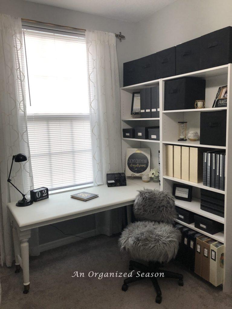 Book shelves that I use for storage and organizing the home office.