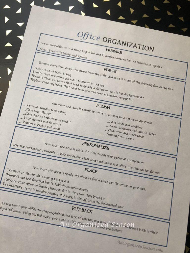 I picture of the printable I developed with instructions on how to organize your home office.