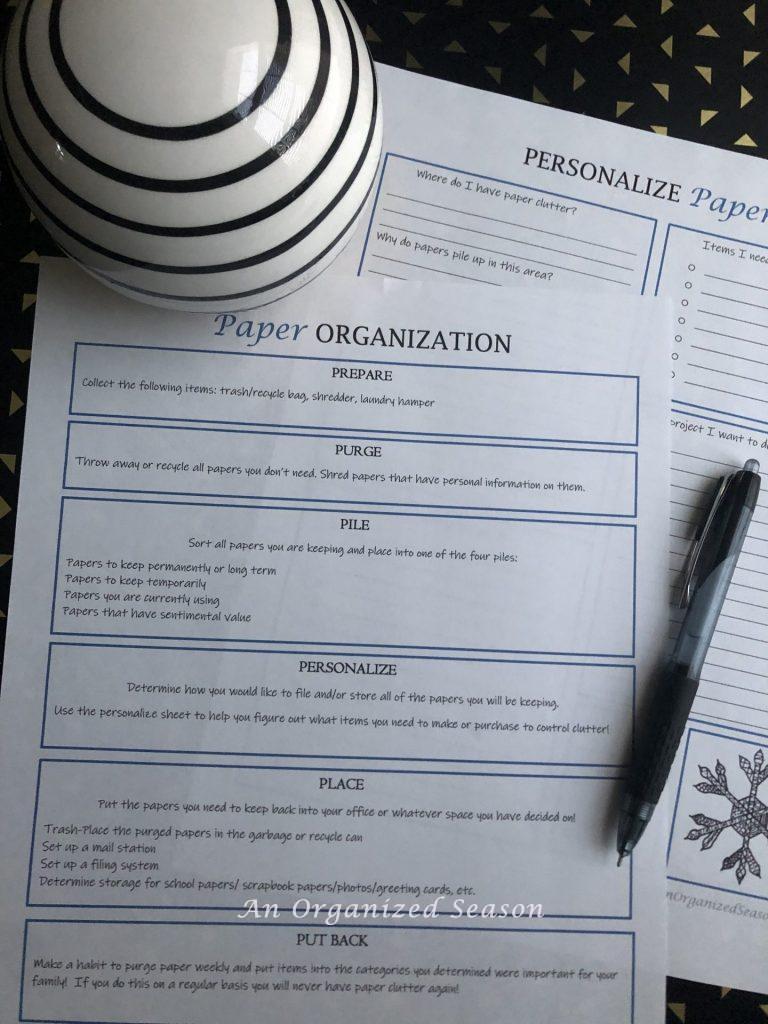 Printables that email subscribers receive free to help them learn how to organize paper clutter