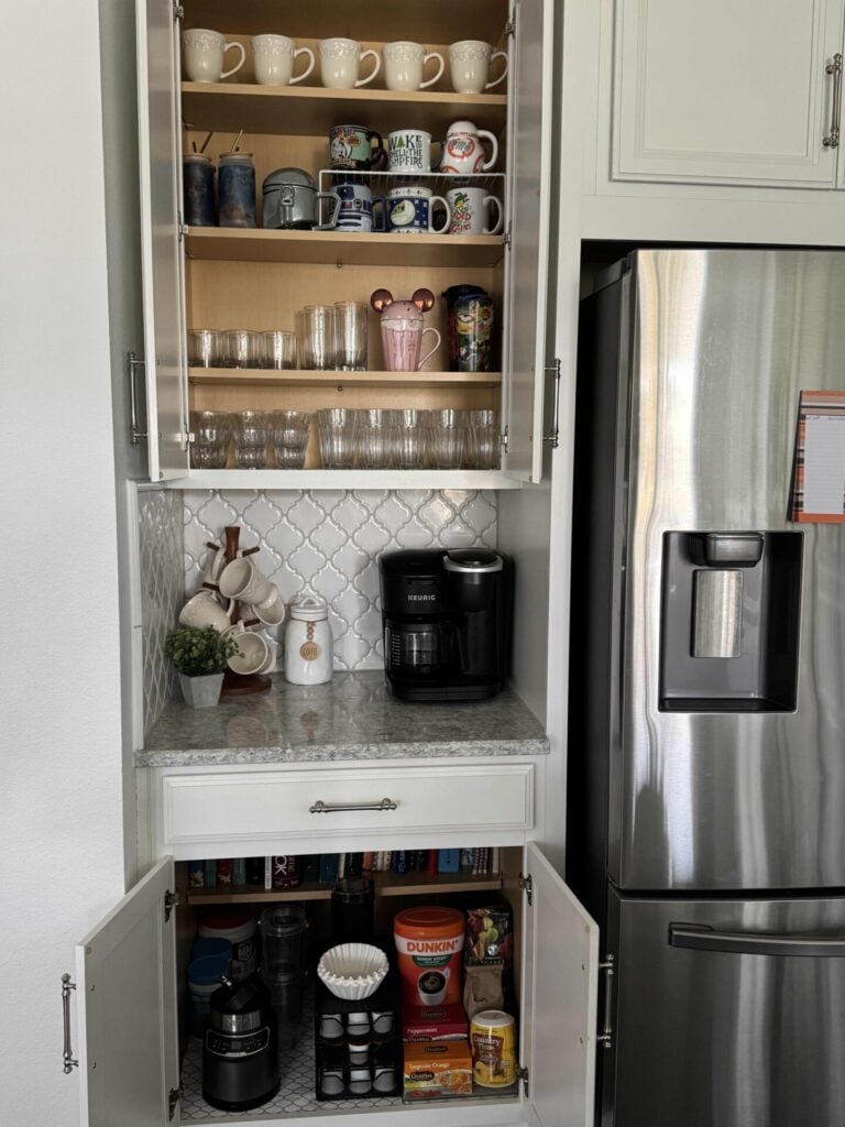 An organized beverage zone in a kitchen. 