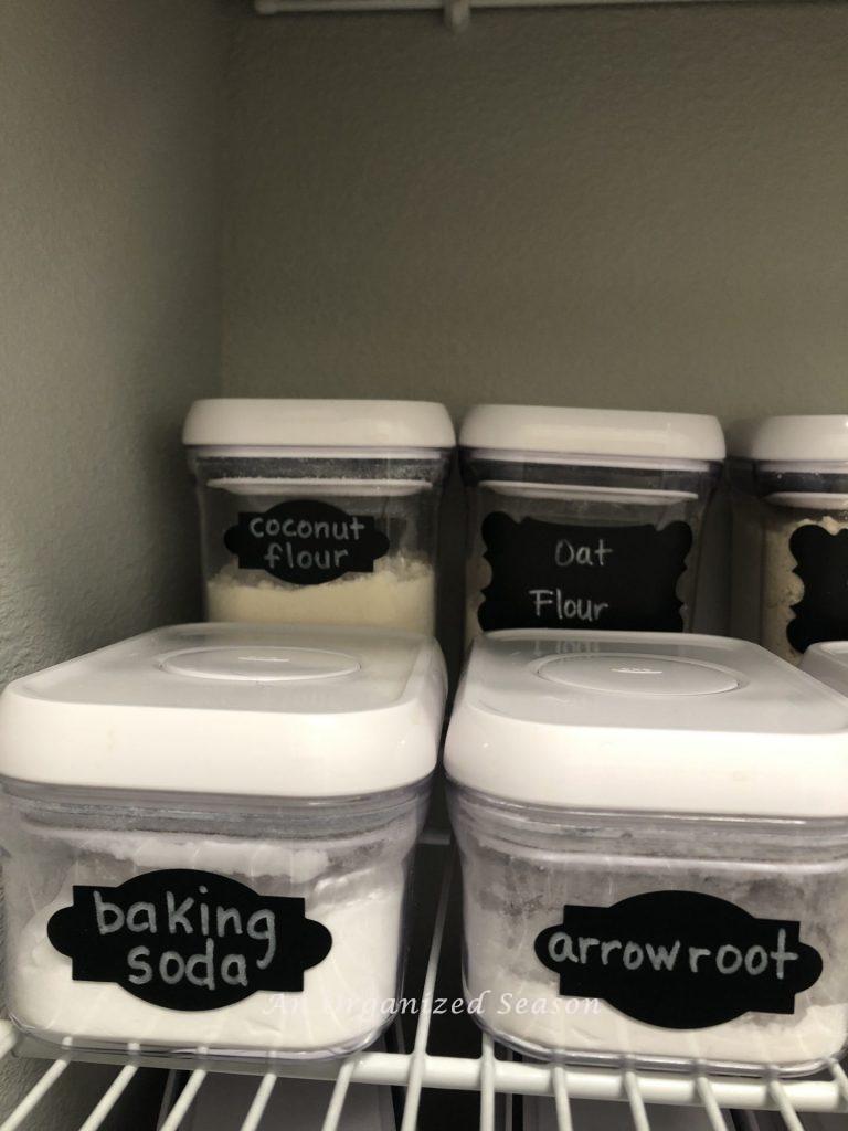 OXO containers with labels describing what's inside will help you when you organize your kitchen pantry