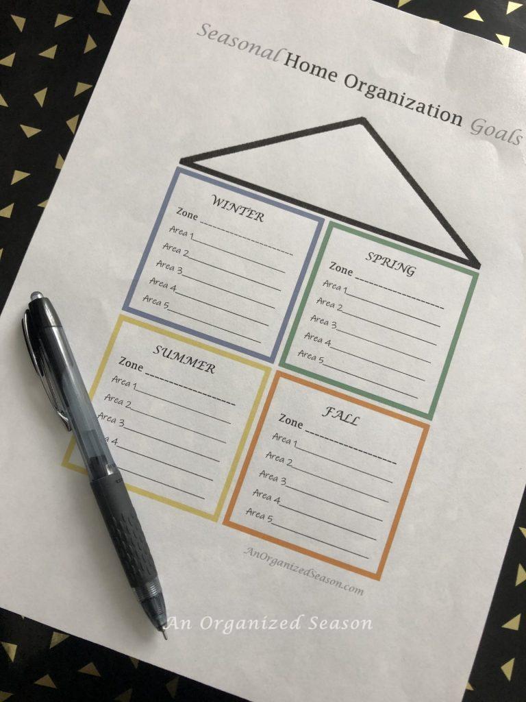 Home organization goal sheet with blank lines for reader to fill in with their spring home organization goals.