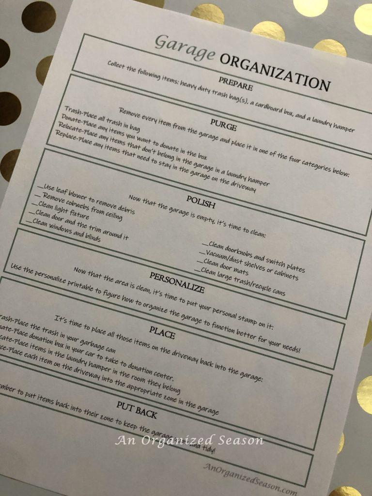 Printable worksheet showing six steps to garage organization.
