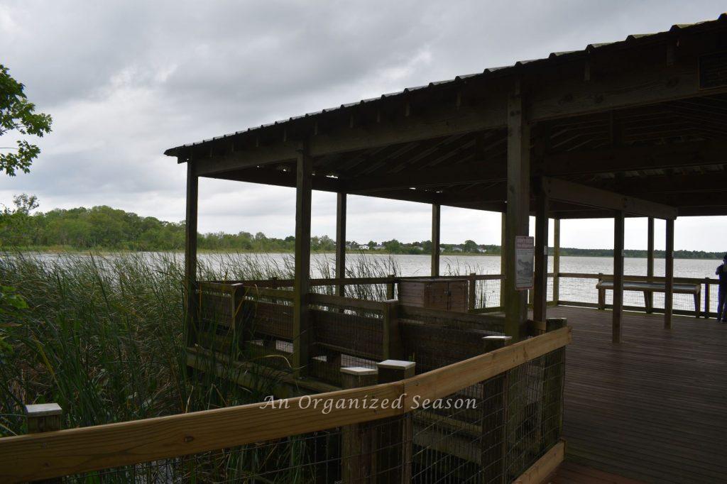 A large covered pavilion overlooking Lake Apopka at the Oakland Nature Preserve in central Florida.