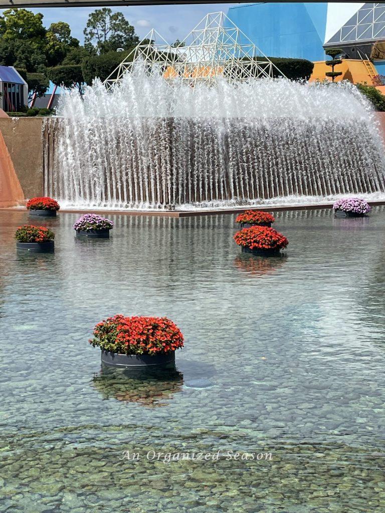 Floating, circular pots full of red and purple flowers in front of a waterfall at the Imagination pavilion.  Something to see from the guide about EPCOT Flower and Garden Festival.