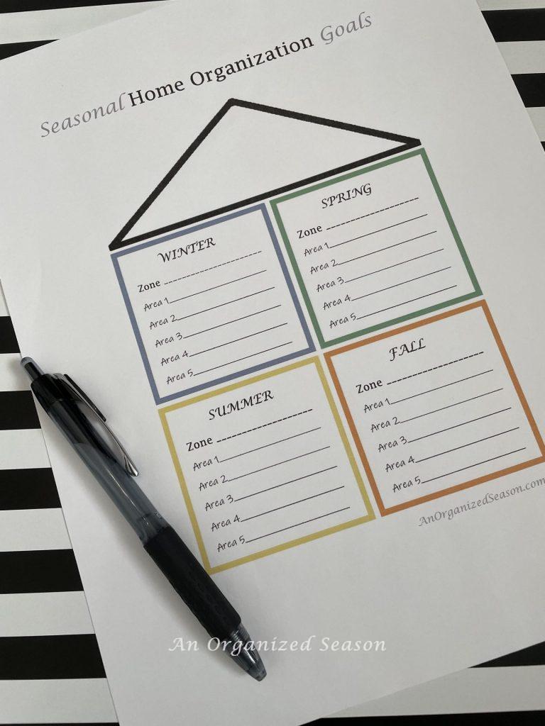 A printable with blank lines to fill in each area to be organized during each season of the year.  Step two option for how to make home organization goals. 