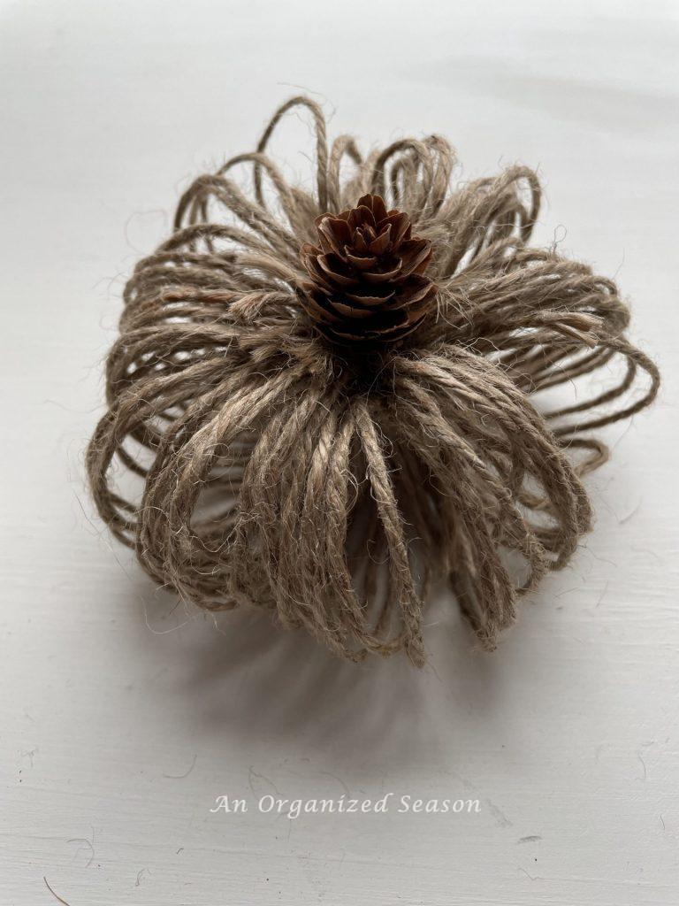 A small twine pumpkin with a small pinecone as a stem. An example of how to make two types of twine pumpkins.

