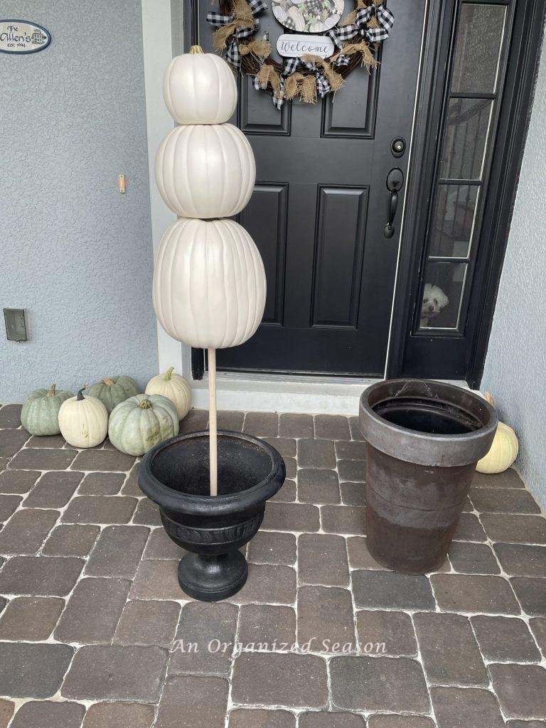 Place the three faux pumpkins on the dowel rod to make sure they fit. Step five for how to make a pumpkin topiary. 