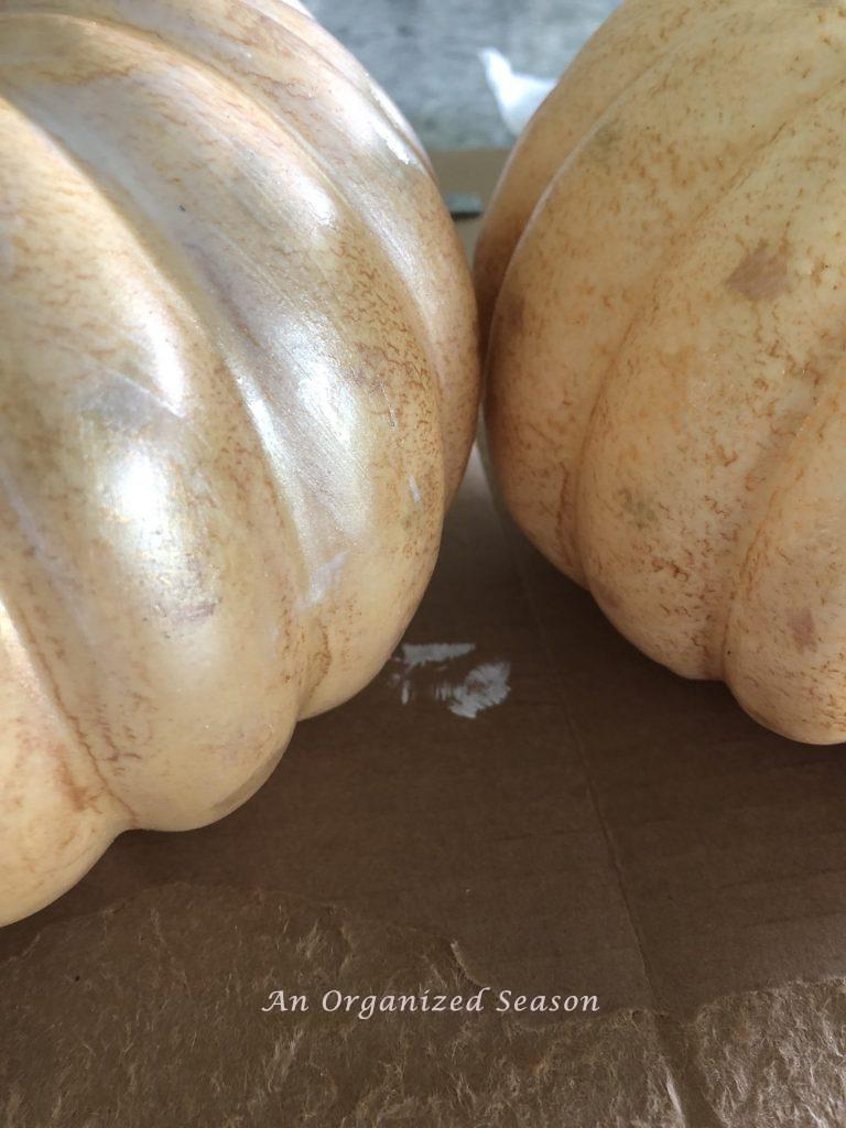 Partial shot of two pumpkins. The left pumpkin has one coat of paint on it. Showing step one for how to apply pearlescent paint on pumpkins. 