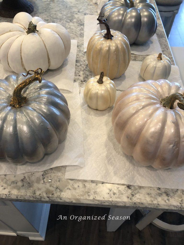 The faux pumpkins after they were painted with pearlescent paint!