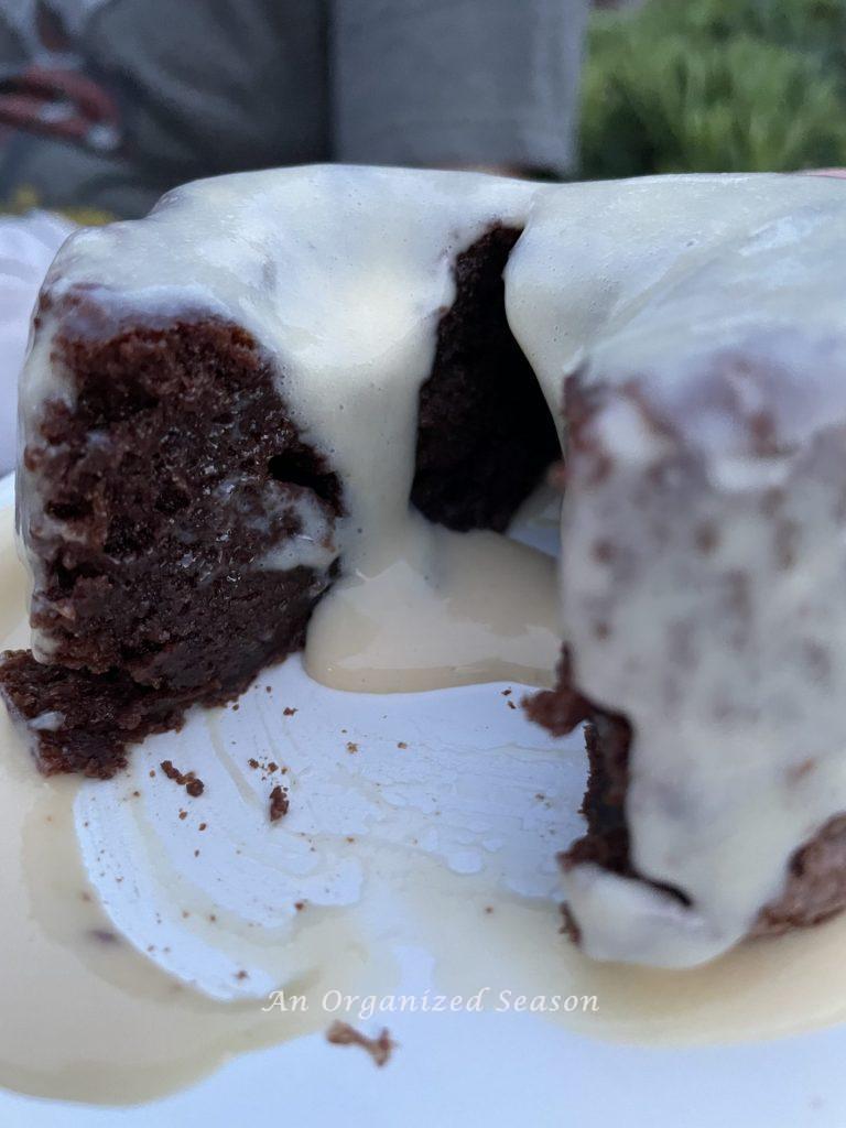 Chocolate cake with Irish Cream Liqueur custard at the Ireland Booth of the EPCOT Food and Wine Festival.