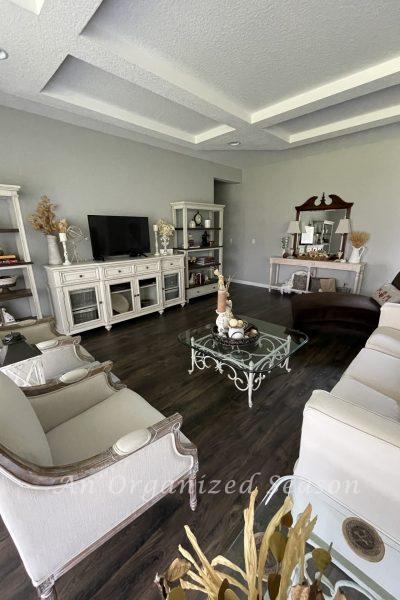 A living room with organized entertainment center and shelves.