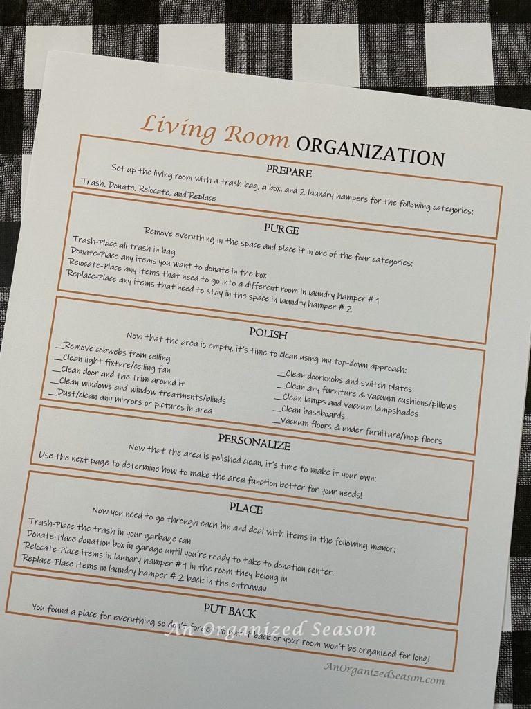 A printable sheet with six steps on how to organize your living room.