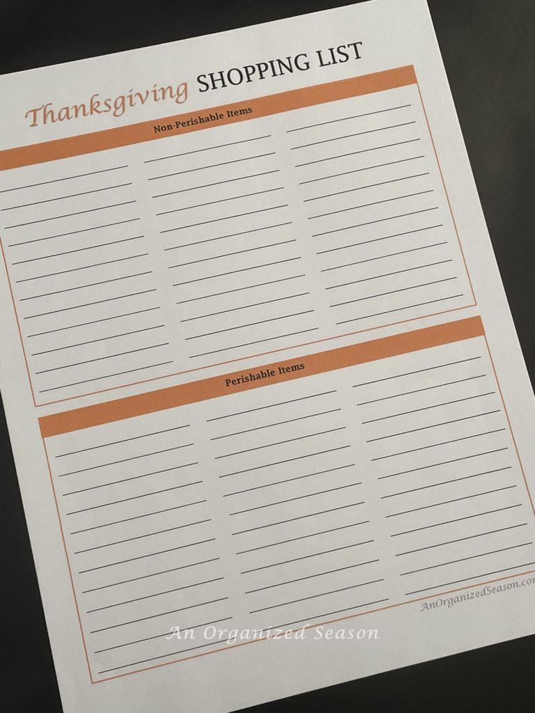 A shopping list divided into perishable and non-perishable items so you can have an organized and stress-free Thanksgiving.