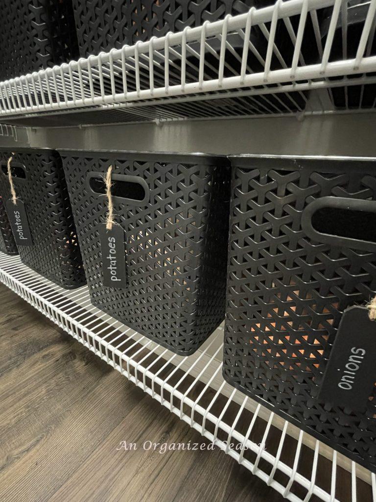 A clever tip to organize your pantry is to use plastic ventilated bins to store potatoes and onions.