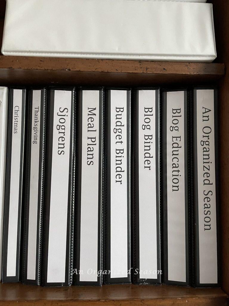 Black binders with white labels in a desk cabinet, an example of ideas to organize a desk.