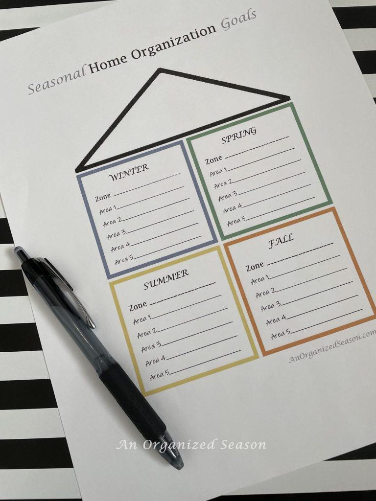 A printable dividing the year into seasons with blanks to write in arears you want to organize during the Spring Home Organization & Improvement Challenge. 