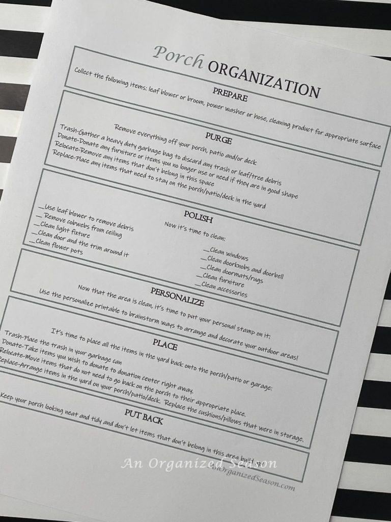 Printable to help you organize and spring clean your porch.