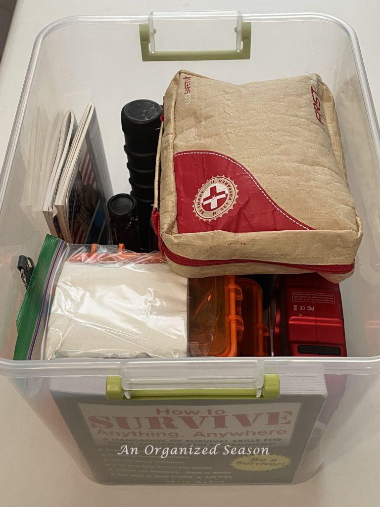 The inside of an emergency kit showing how to be prepared for an emergency!