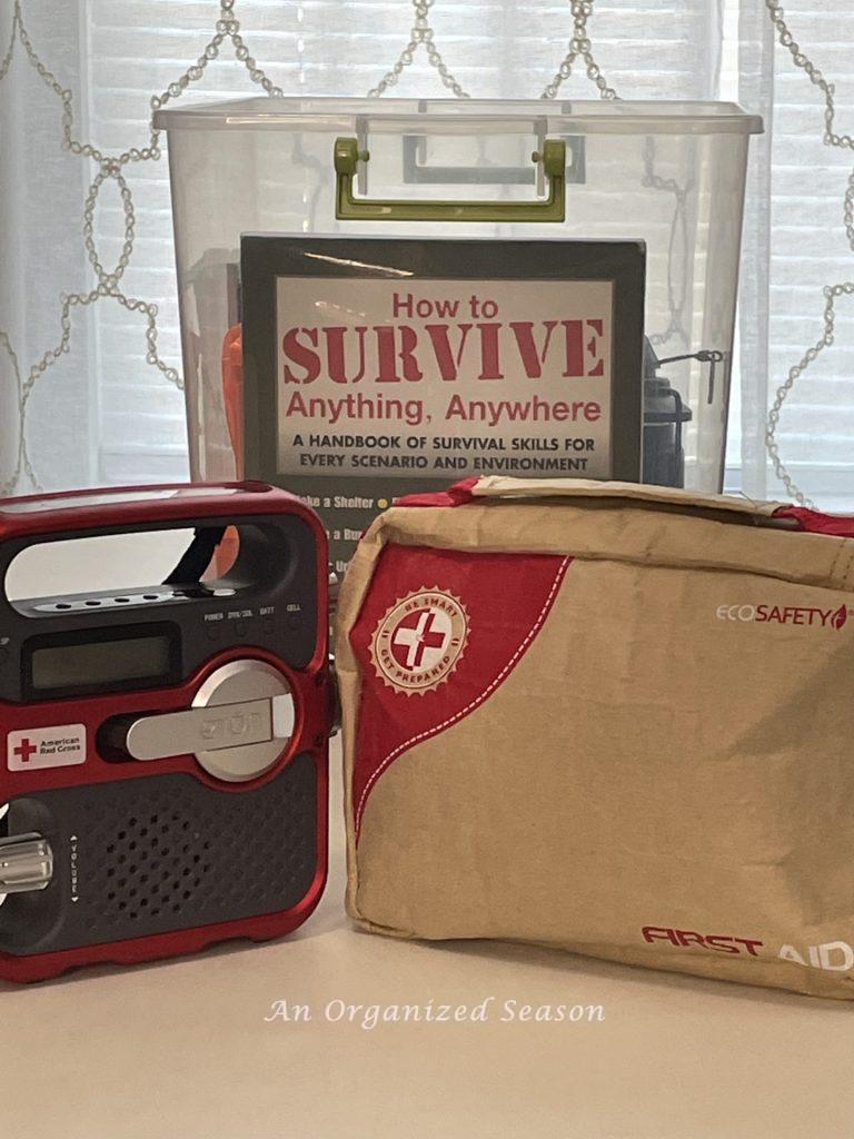 Radio, first aid kit, and emergency kit to help you be prepared for an emergency!