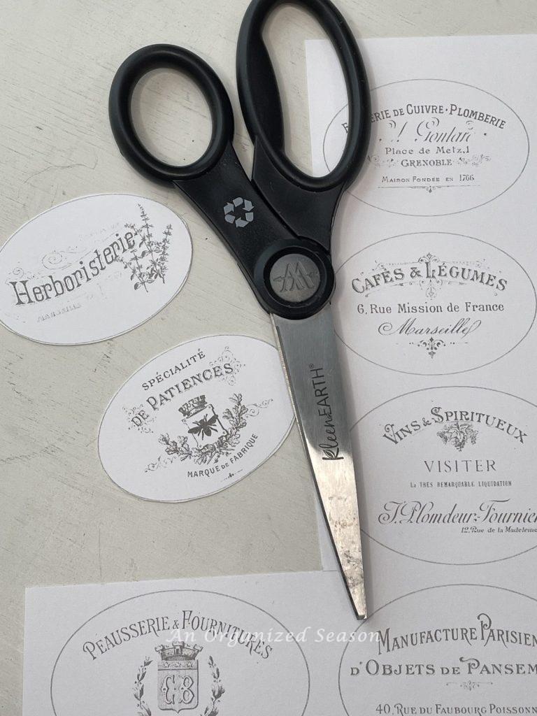 French labels and scissors, items needed to age terra cotta pots & add French flair. 