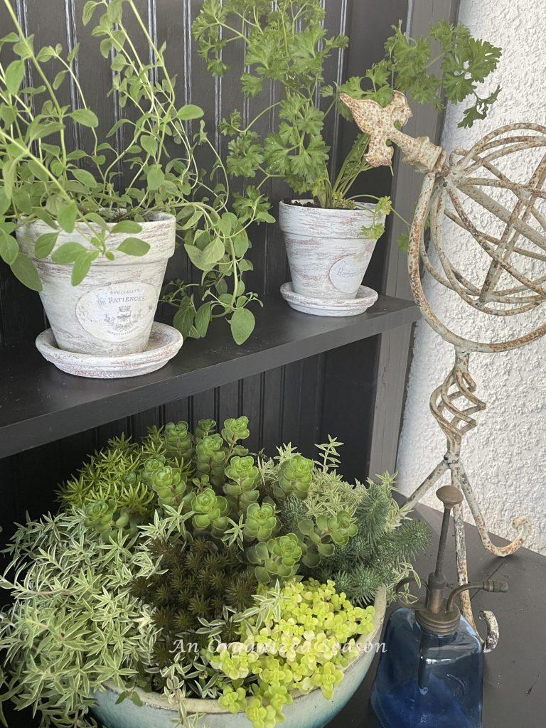 A decorated potting bench showing one of 5 reasons to have an outdoor potting bench.