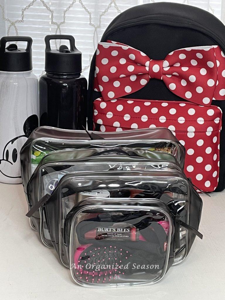 Minnie Mouse backpack, water bottles, and travel cases, items listed on the amusement park ultimate packing list.