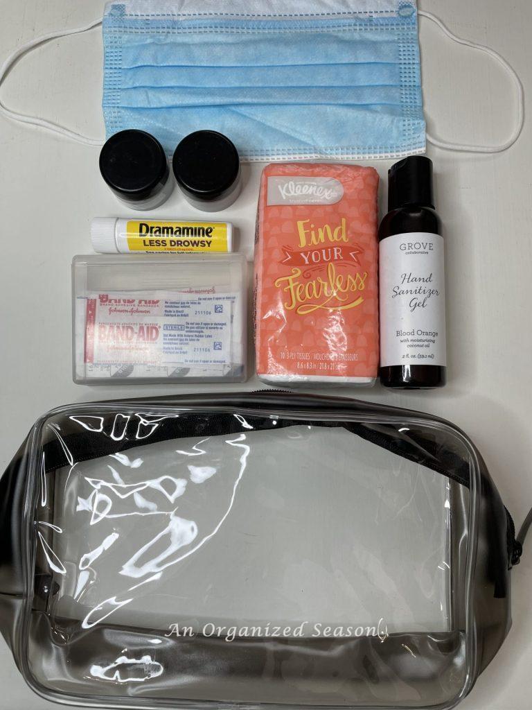 Waterproof bag, medicine, hand sanitizer, tissues, and mask suggested items for the amusement park ultimate packing list.