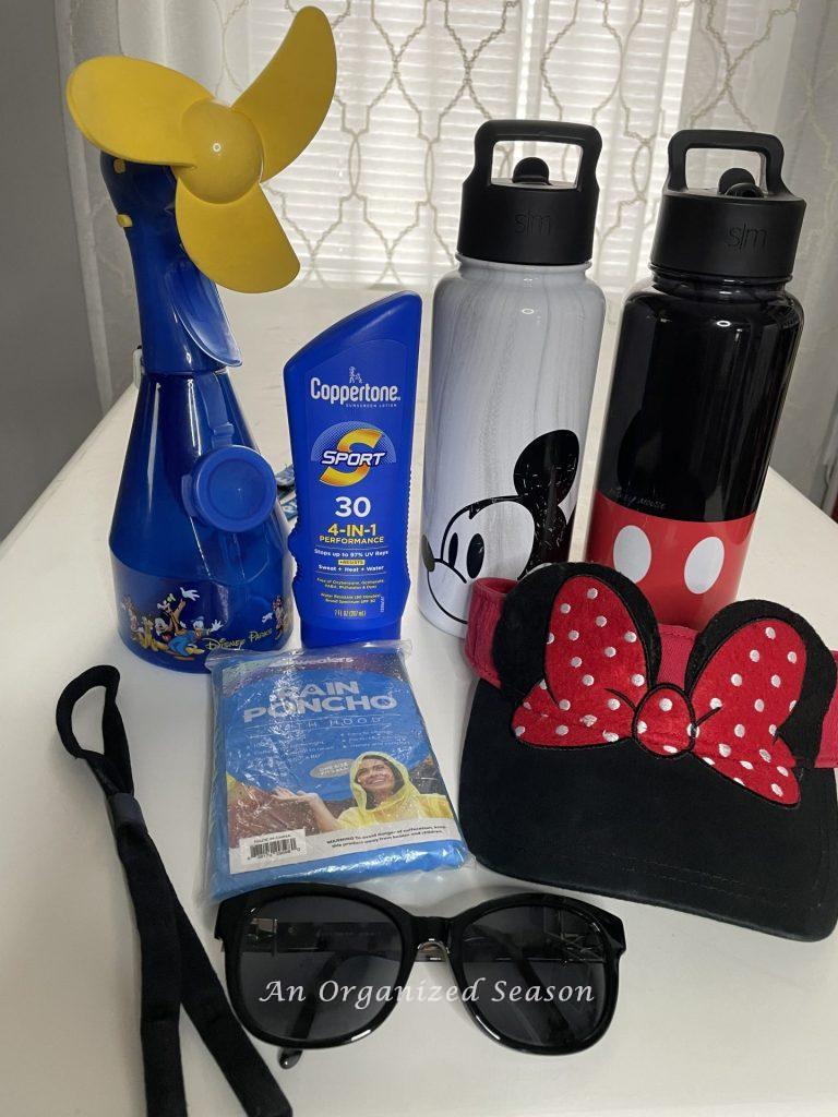 Water bottle, sunglasses, poncho, and sunscreen are items suggested on the amusement park ultimate packing list.