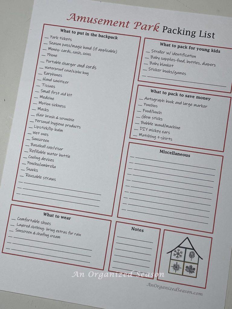 A printable of my amusement park ultimate packing list.