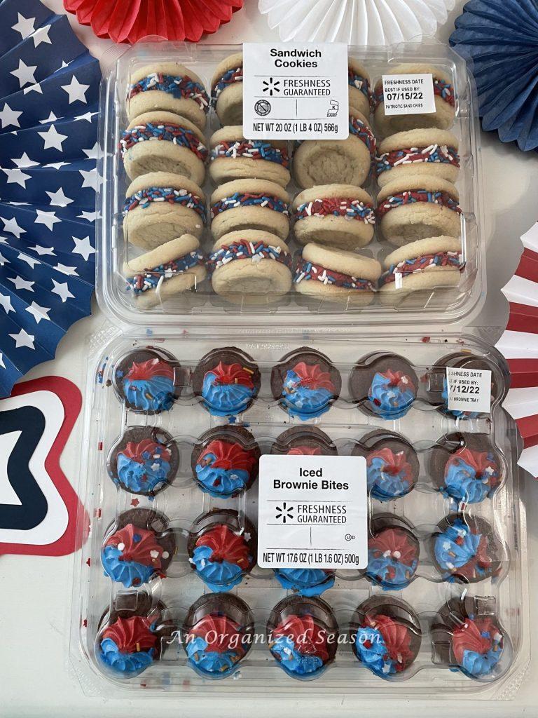 Cookies and cupcakes decorated in red, white, and blue are perfect to  make a bang with a 4th of July gift tray! 