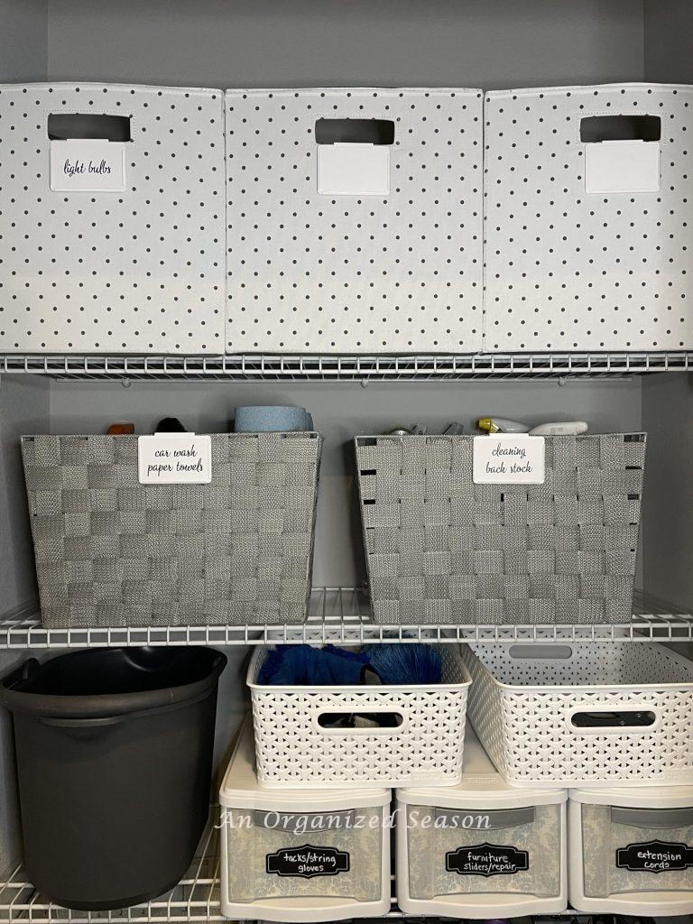 Use fabric cube bins to organize cleaning supplies to make house work easy! 