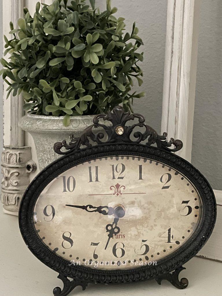 A French-inspired clock showing 6:45 the start time for my morning routine! 