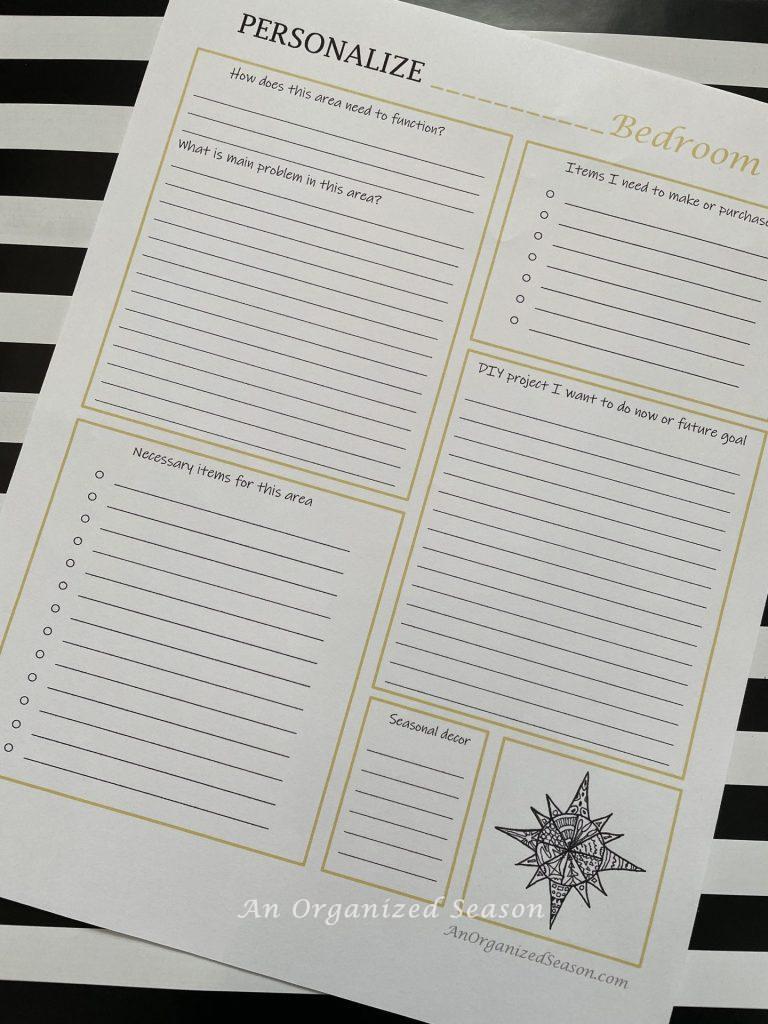 A printable sheet to help someone personalize their bedroom when organizing it. 