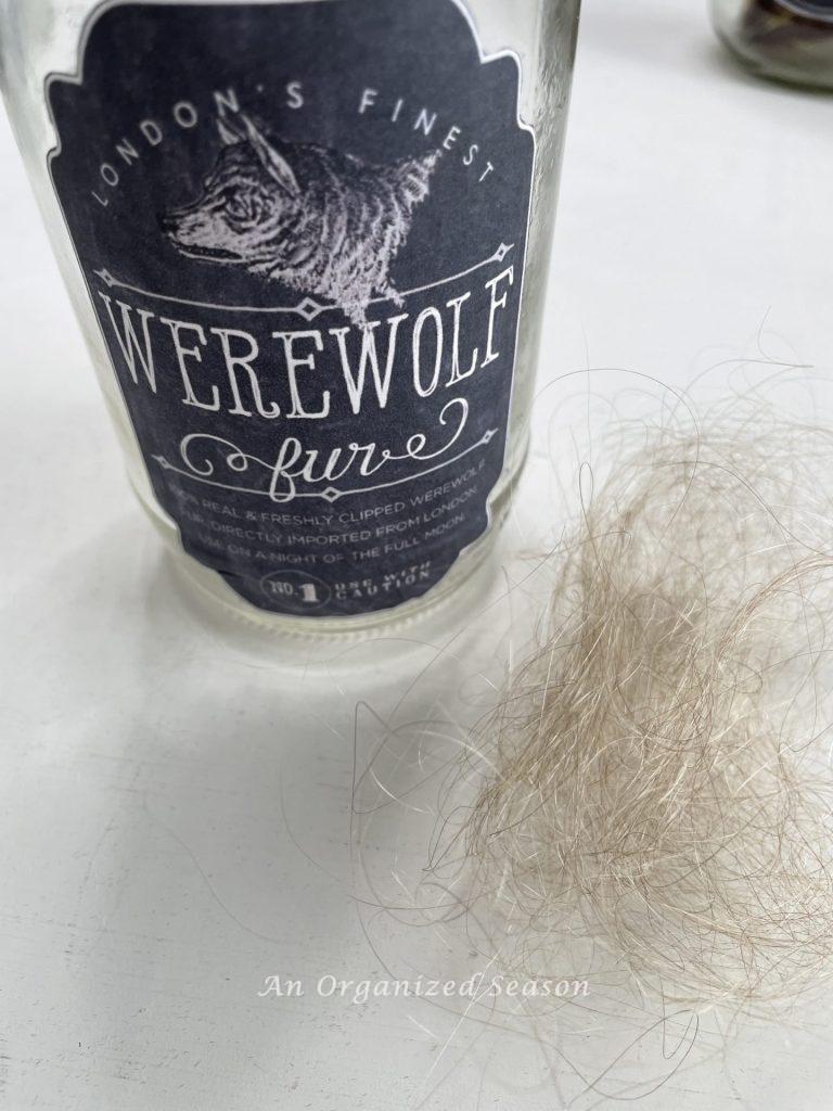 A wade of hair that will be used inside spooky potion bottles from jars. 