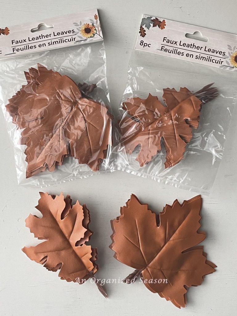 Dollar Tree faux leather leaves used to make super easy DIY plate chargers. 