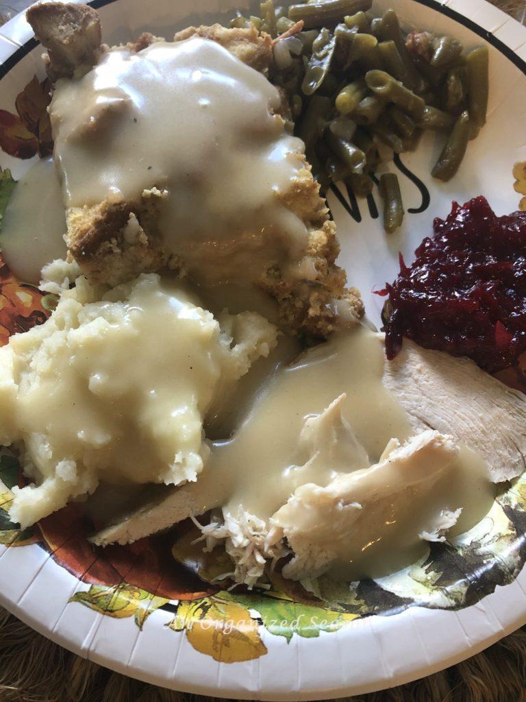 A plate of food prepared for Thanksgiving. 