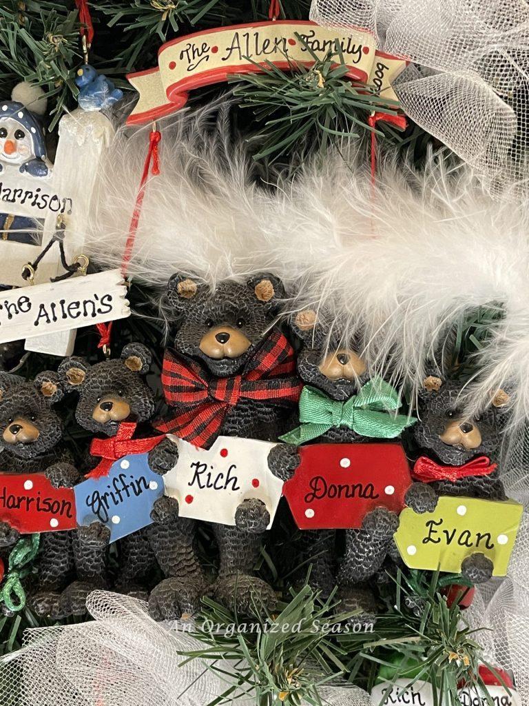 A personalized Christmas ornament showing five black bears, showing our family keepsake ornament tradition.
