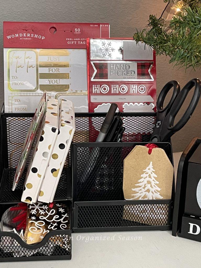 Gift wrapping supplies in a desk organizer, great tips to make job easier. 