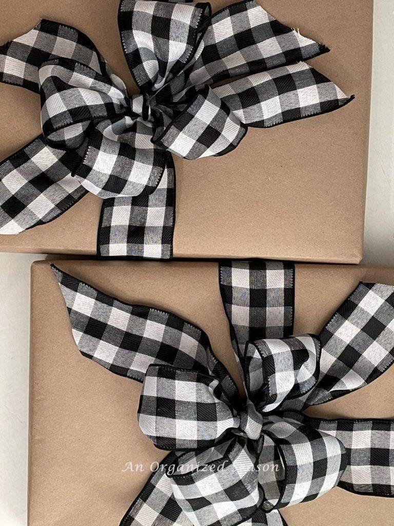 Gift wrapping tips, use brown craft paper with buffalo check wired ribbon to make a bow.