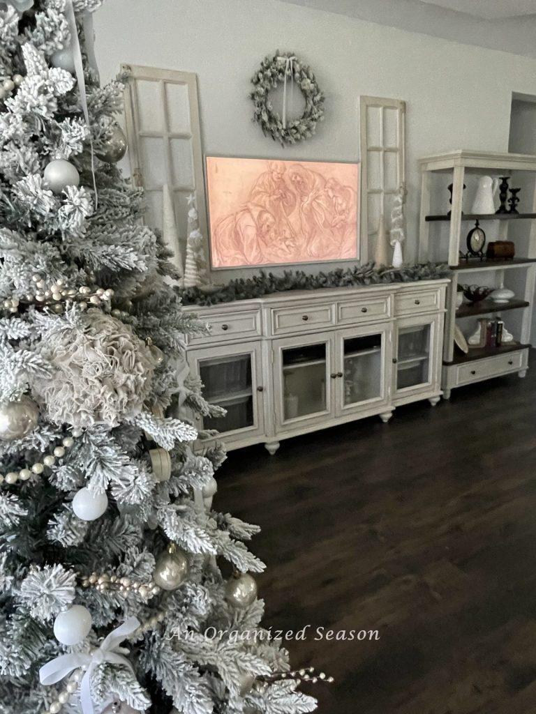 A living room decorated for Christmas in neutral colors! 