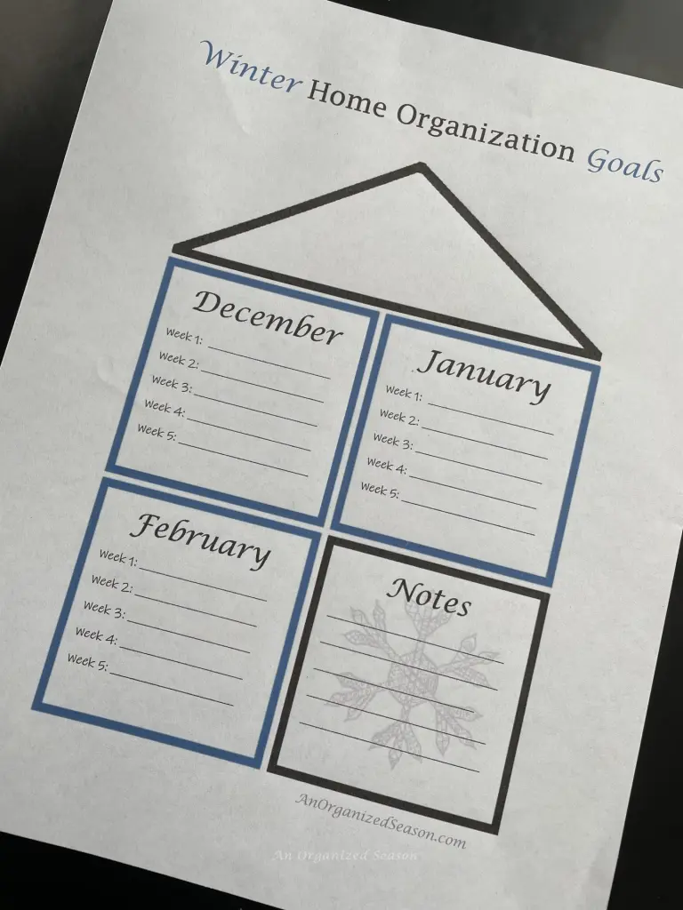 A calendar sheet to write down when you're going to do the work for the Winter Home Organization Challenge.