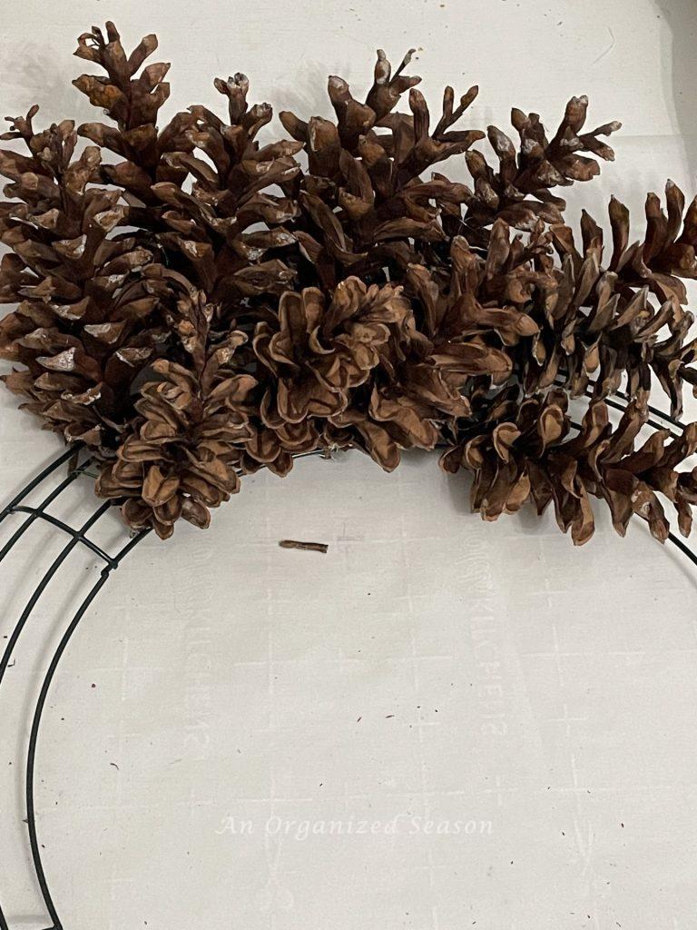 Pinecones covering 1/4 of a wreath form.