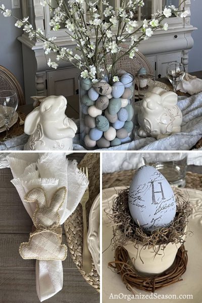 An Easter centerpiece, napkin ring, and egg place holder.