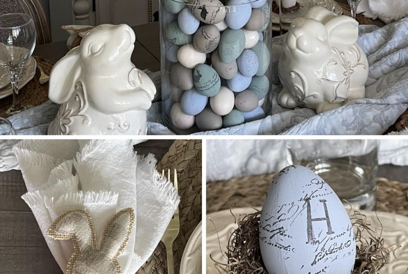 An Easter centerpiece, napkin ring, and egg place holder.