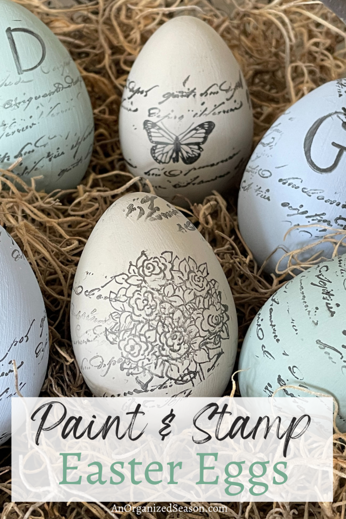 Eggs that have been painted and stamped.