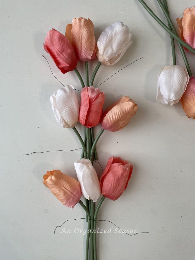 Three sets of tulips wired together.