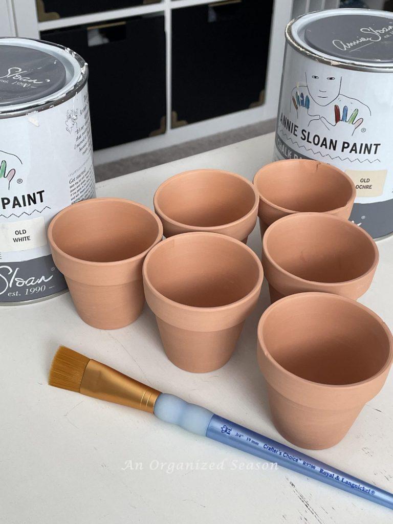 Six mini terra cotta pots, paint, and a paint brush used to make Easter DIYs. 